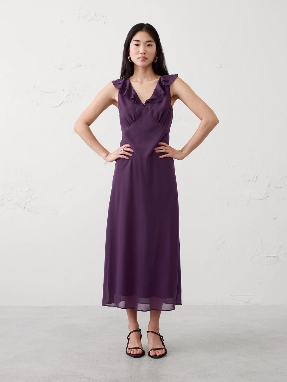 Banana Republic Purple Ruffle V-Neck Maxi Dress